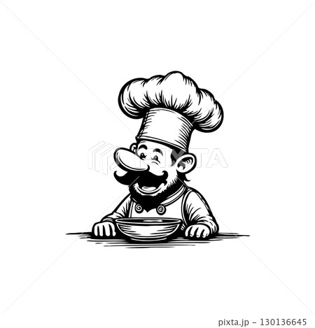 Whimsical chef illustration preparing dish with a joyful expression and outlined design 130136645