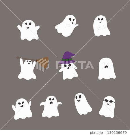 Set of scary white cute ghost characters in cartoon style flat design for halloween festival, Vector illustration 130136679