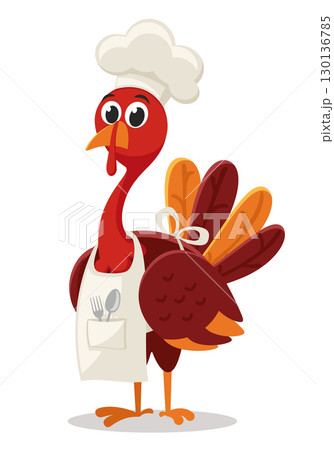Turkey bird with chef s hat close-up on white background. Thanksgiving 130136785