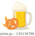 Glass of beer with foam, pretzel and spikelets on white background. Oktoberfest 130136786
