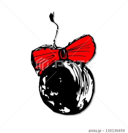 Christmas ball with red bow hand drawn on white background, Christmas tree decoration drawn with ink, grunge Christmas ball, New Year 2026 greeting card, New Year concept, poster with New Years gifts 130136850