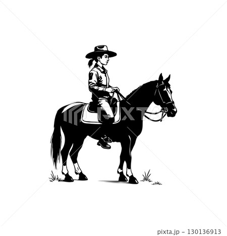 Elegant silhouette: Cowgirl riding black horse with style and grace in minimalist art 130136913