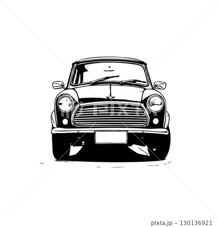 Iconic beauty: A minimalist black and white depiction of a classic Mini Cooper car 130136921