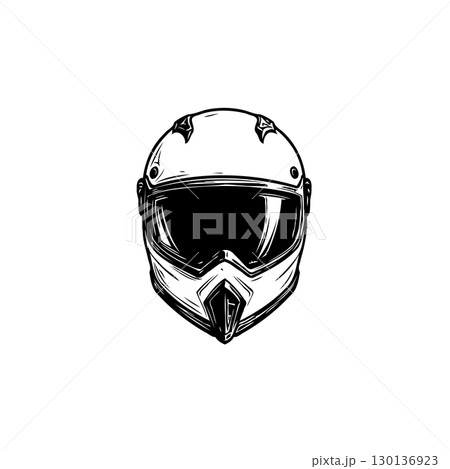 Monochrome Illustration of a Motorcycle Helmet with Goggles and Protective Gear 130136923