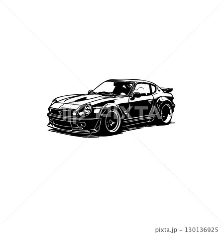 Monochrome vector illustration of a classic sports car with wide body kit 130136925