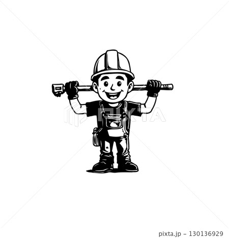 Cartoon Plumber with Hard Hat and Pipe Wrench, Black and White Illustration 130136929