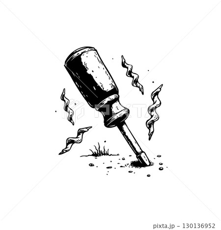 Monochrome illustration showcasing a screwdriver tool with illustrative elements 130136952