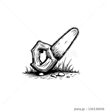 Stylized monochrome illustration of a chainsaw on ground with grass and small rocks Stylized monochrome illustration of a chainsaw on ground with grass and small rocks 130136956