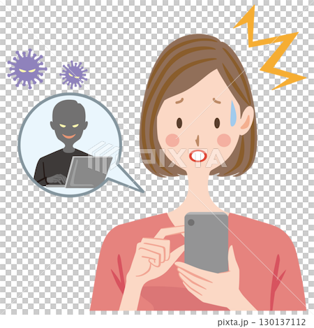 スマホがウィルスに感染して困る女性　不正ログイン 130137112