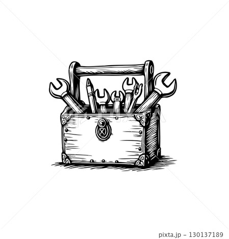 Detailed line art illustration showcasing a vintage toolbox filled with various tools 130137189