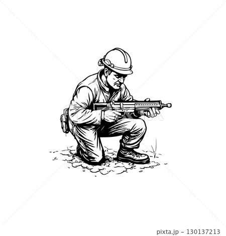 A worker in uniform and hard hat holding a rifle in a kneeling position sketch 130137213