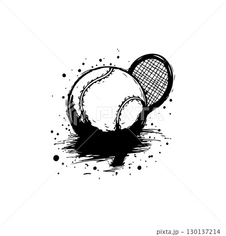 Abstract Black and White Tennis Ball and Racket Illustration with Splash Effect 130137214