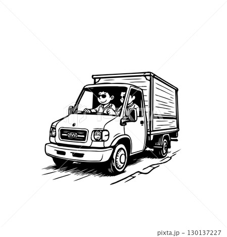 Cartoon delivery truck with driver and passenger driving on the road illustration 130137227
