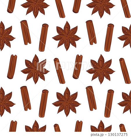 Seamless pattern of star anise and cinnamon stick in flat style on white background. Perfect for spice store, recipe design or botanical themed culinary project. Seamless pattern of star anise and cinnamon stick in flat style on white background. Perfect for spice store, recipe design or botanical themed culinary project. 130137275