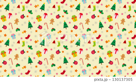 クリスマスアイテムのシームレスパターン背景/イエロー クリスマスアイテムのシームレスパターン背景/イエロー 130137305