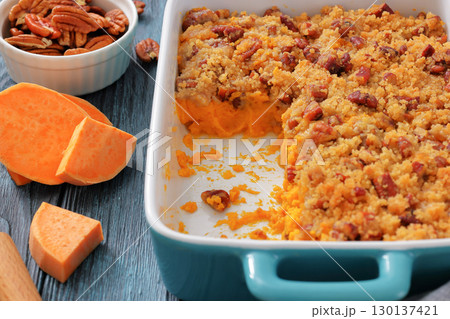 sweet potato casserole with pecan streusel topping sweet potato casserole with pecan streusel topping 130137421