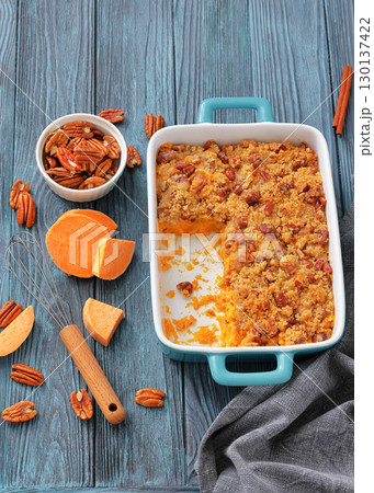 sweet potato casserole with pecan streusel topping sweet potato casserole with pecan streusel topping 130137422