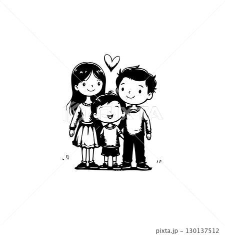 Adorable Family Portrait: Black and White Illustration of a Loving Mother, Father, and Child Adorable Family Portrait: Black and White Illustration of a Loving Mother, Father, and Child 130137512