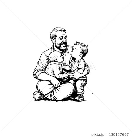 Loving Father Embracing and Cradling His Two Adorable Children in a Tender Moment 130137697