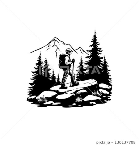 Silhouette Illustration: Adventure Seeker Hiking Through a Forest Landscape Design 130137709