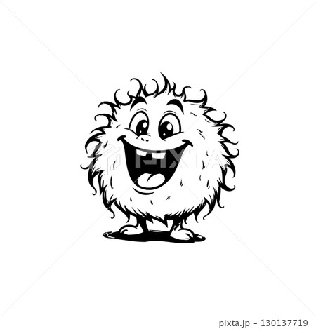 Whimsical Cartoon Character: A Fluffy Monster with a Cheerful Expression and Black Outline 130137719