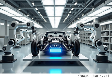 Robotic arms build electric car 130137771