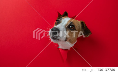 Funny Jack Russell Terrier dog sticks out through a red cardboard background. Copy space.  130137780