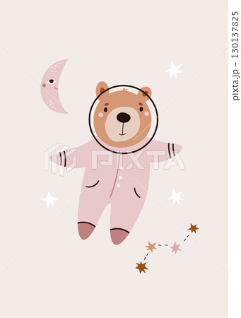 Bear Cute Astronaut Floating in Space with Stars and Moon 130137825