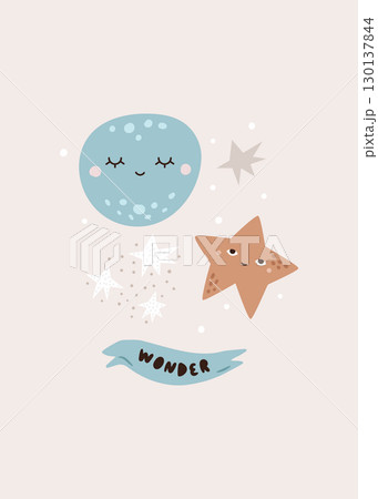 Cute Cosmic Illustration, Space Art Print, Planet and Star Characters, Minimal Pastel Poster, Baby Room Wall Decor 130137844