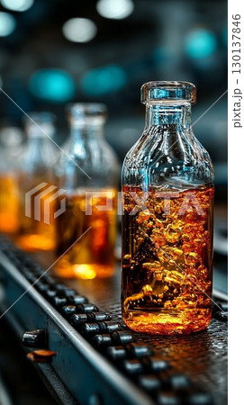 Bottles with Liquid on Production Line in Factory 130137846