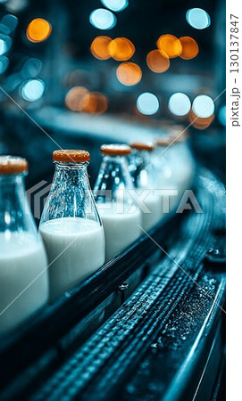 Milk Bottles on Production Line in Factory 130137847