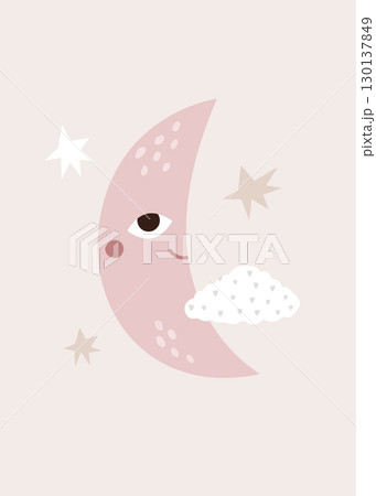 Cute Cosmic Illustration with Funny Moon, Crescent. Space Art Print , Minimal Pastel Poster, Baby Room Wall Decor. 130137849