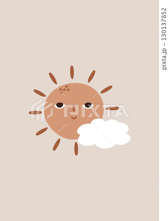 Cute Cosmic Illustration with Funny Sun. Space Art Print , Minimal Pastel Poster, Baby Room Wall Decor. 130137852