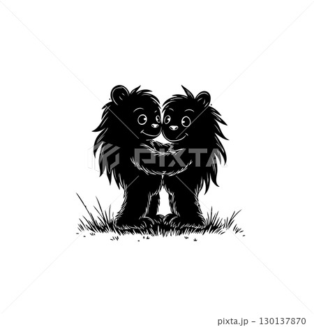 Two playful cartoon bear cubs embracing in black and white monochrome illustration Two playful cartoon bear cubs embracing in black and white monochrome illustration 130137870