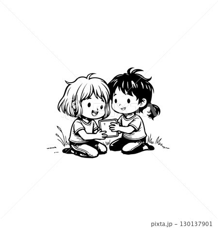 Charming Cartoon Illustration of Two Children Sharing a Gift with Affection Charming Cartoon Illustration of Two Children Sharing a Gift with Affection 130137901