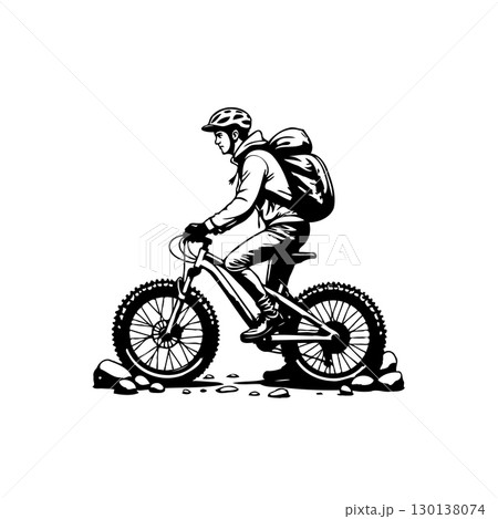 Adventurous cyclist with backpack: Exploring the trails on a fat tire bike 130138074