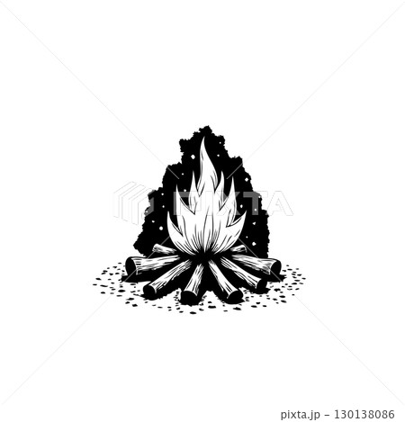 Stylized campfire drawing in monochrome evokes warmth and outdoor atmosphere 130138086