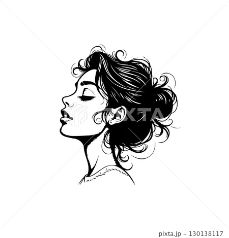 Elegant monochrome portrait of a woman with curly hair in a minimalist line art style Elegant monochrome portrait of a woman with curly hair in a minimalist line art style 130138117