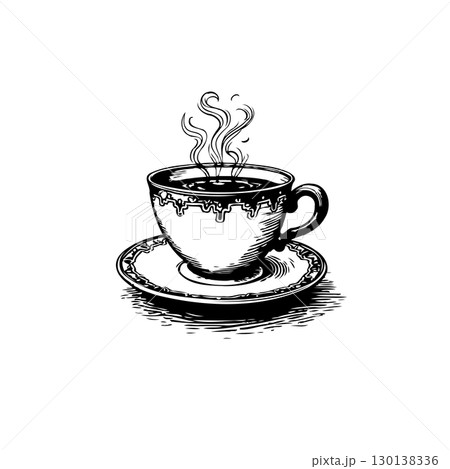 Elegant Hand-Drawn Coffee Cup Illustration with Rising Steam on a White Background 130138336