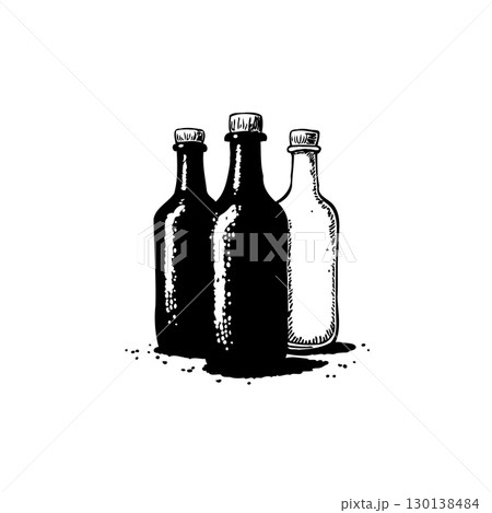 Vintage Ink Illustration of Three Glass Bottles with Corks and Rustic Charm Vintage Ink Illustration of Three Glass Bottles with Corks and Rustic Charm 130138484