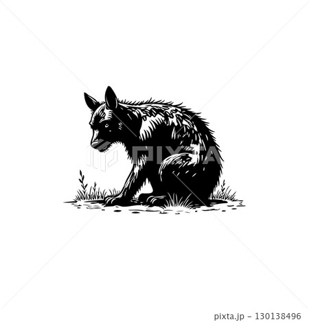 Monochrome Illustration of a Sitting Hyena in its Natural Habitat, Black and White Monochrome Illustration of a Sitting Hyena in its Natural Habitat, Black and White 130138496