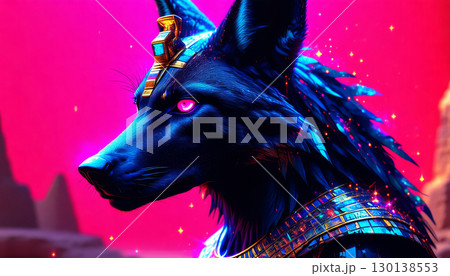 Ancient Egyptian mythical god Anubis in the form of a black jackal 130138553