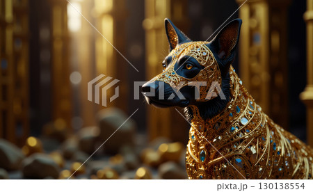 Ancient Egyptian mythical god Anubis in the form of a black jackal 130138554