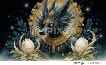 Ancient Egyptian mythical god Anubis in the form of a black jackal 130138559