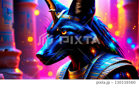 Ancient Egyptian mythical god Anubis in the form of a black jackal Ancient Egyptian mythical god Anubis in the form of a black jackal 130138560