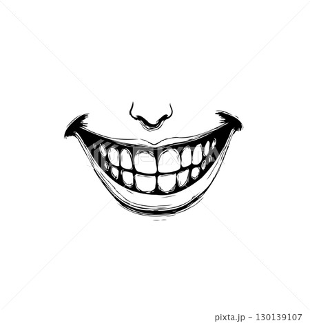 Abstract ink drawing: close-up of a stylized toothy smile with a nose above Abstract ink drawing: close-up of a stylized toothy smile with a nose above 130139107