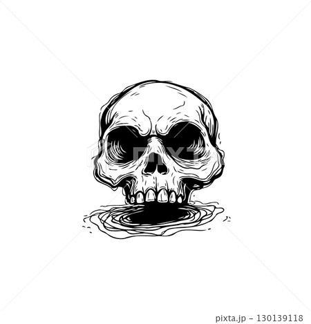 Disturbing black and white skull illustration with swirling dark water beneath the jaw 130139118