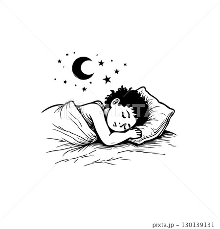 Peaceful Slumber: Black and White Illustration of a Child Sleeping Under the Stars 130139131