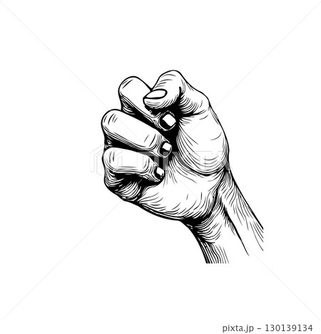 Engraved clenched fist symbolizing power, resistance, or solidarity in vintage style 130139134