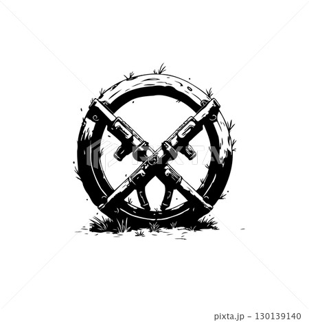 Emblem of crossed assault rifles within a rugged circle, a symbol of defense 130139140